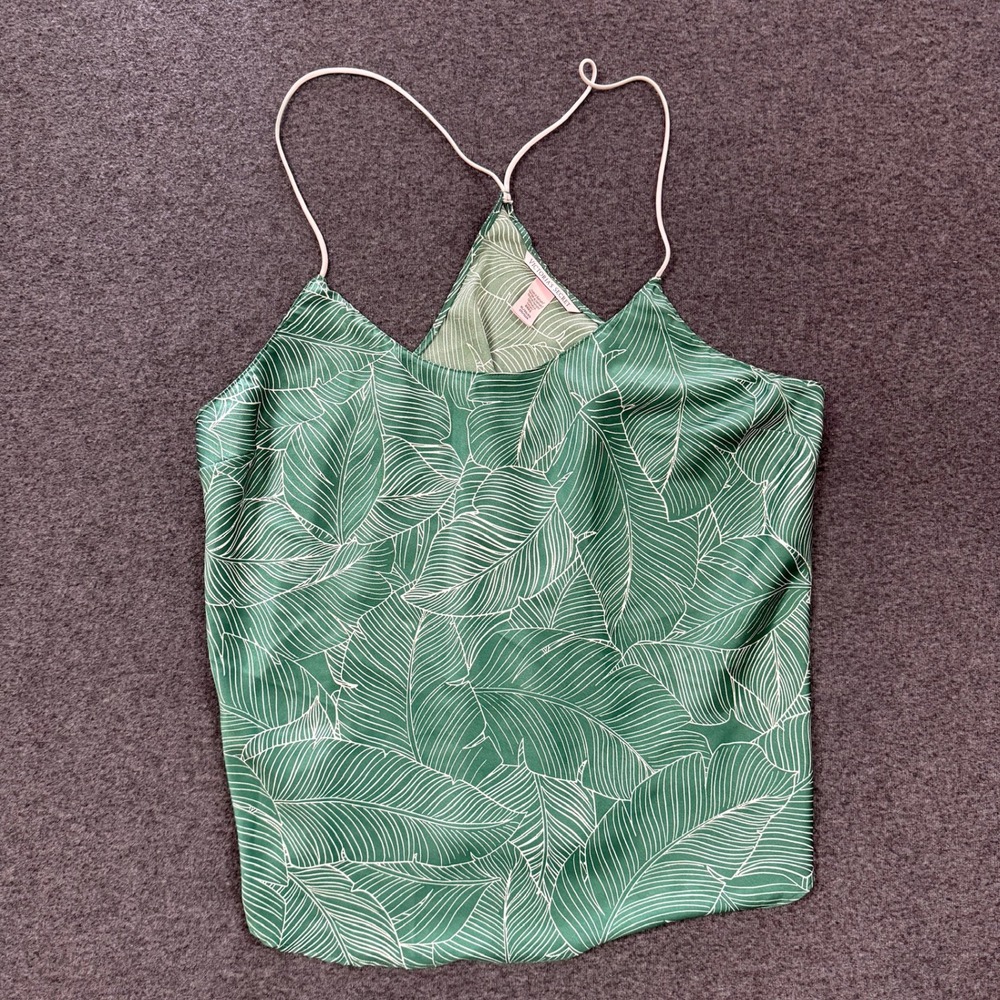 Victoria's Secret Palm Print Camisole Womens XL Green Excellent Satin Tank